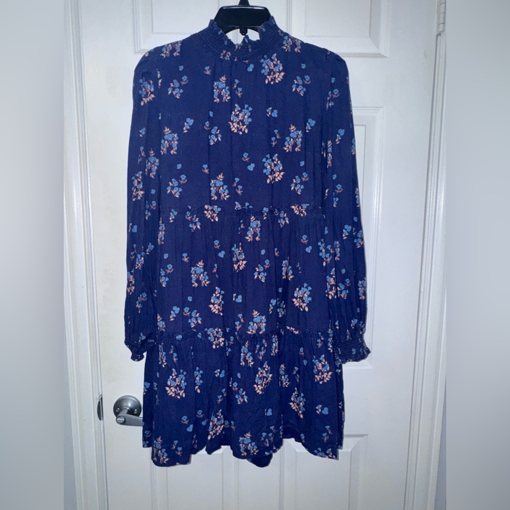 Free People Navy Floral Smocked Tiered Mini Dress